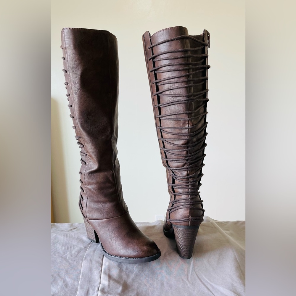 Mossimo Tall Boots Brown Aleah Back Lace Knee High Side Zip Womens Size 7.5